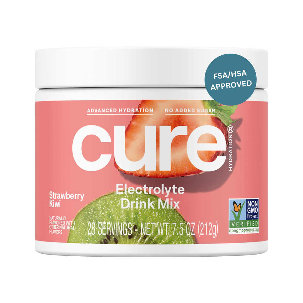 Cure Hydration strawberry-kiwi bottle showing plant-based electrolytes for daily hydration