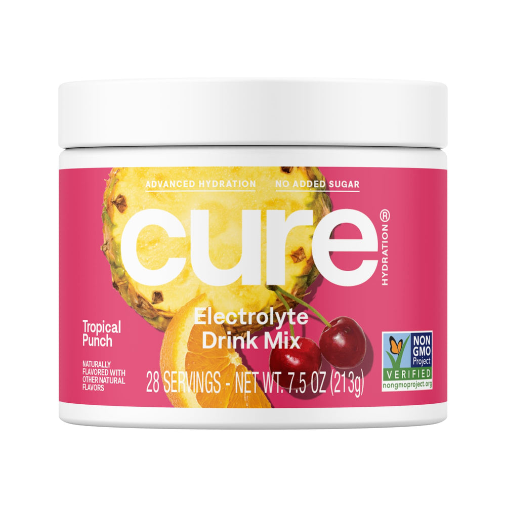 Cure Hydration Tropical Punch jar showing 28 servings for on-the-go hydration.