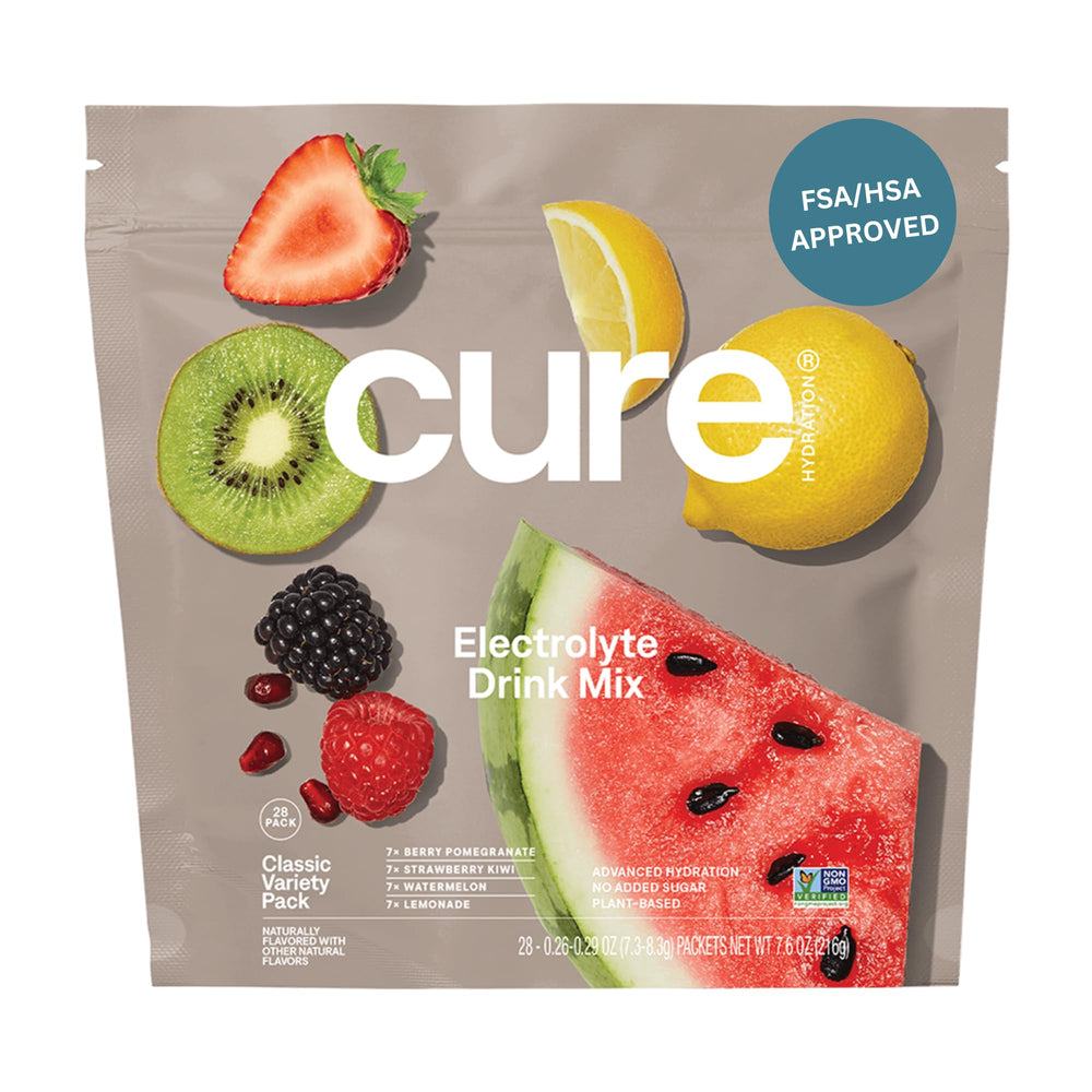 Cure Hydration variety pack with 28 packets for convenient daily hydration.