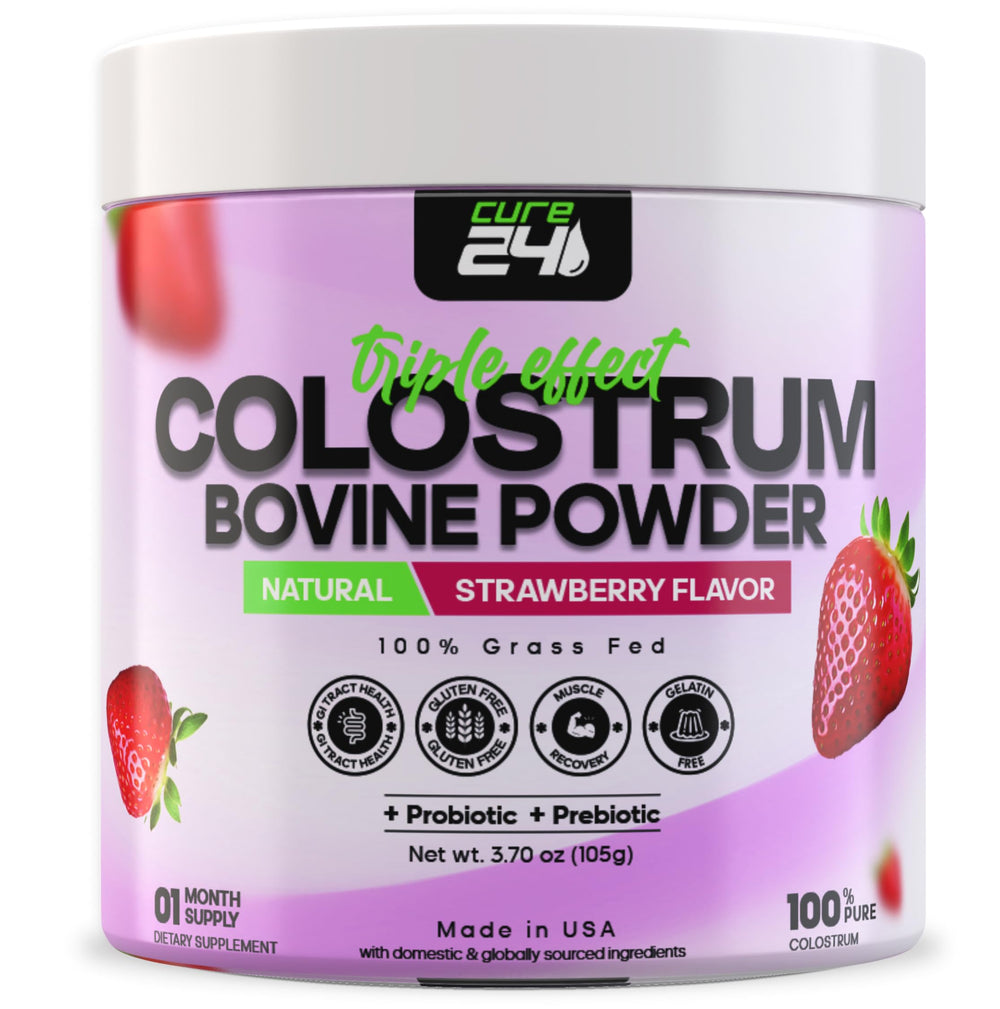 Cure24 Bovine Colostrum X3 powder tub close-up for daily wellness.