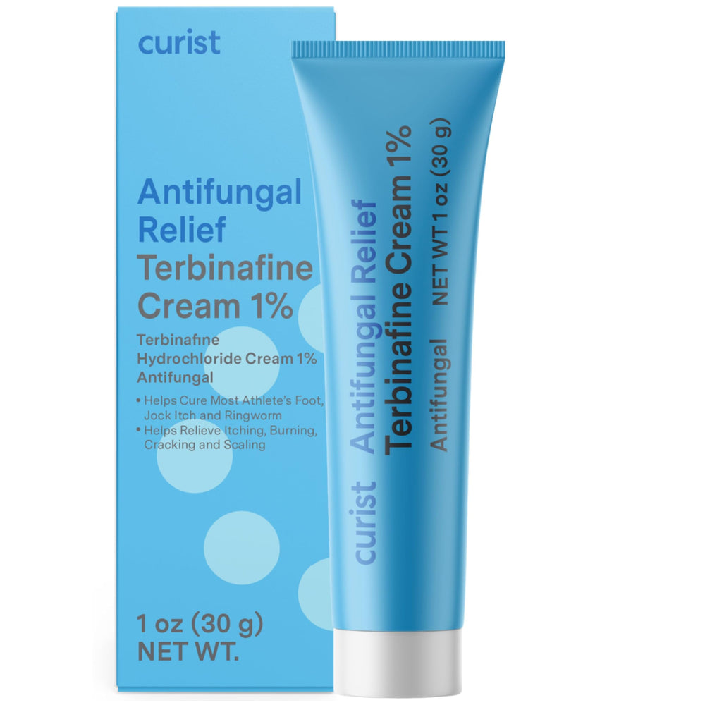Curist Terbinafine Cream tube being applied to foot skin for daily antifungal care.