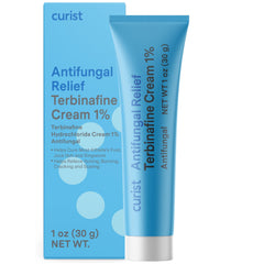Curist Terbinafine Cream tube being applied to foot skin for daily antifungal care.