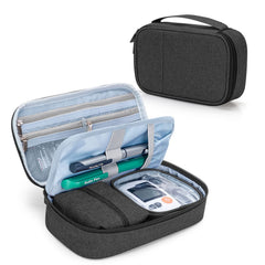 CURMIO diabetic supplies bag with top pockets for organized swabs and strips.