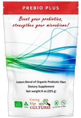 Cutting Edge Cultures Prebio Plus bottle displaying organic prebiotic blend for daily support.