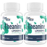 CyberCerix liposomal L-Theanine 500mg bottle on a wooden table highlights calm focus potential.