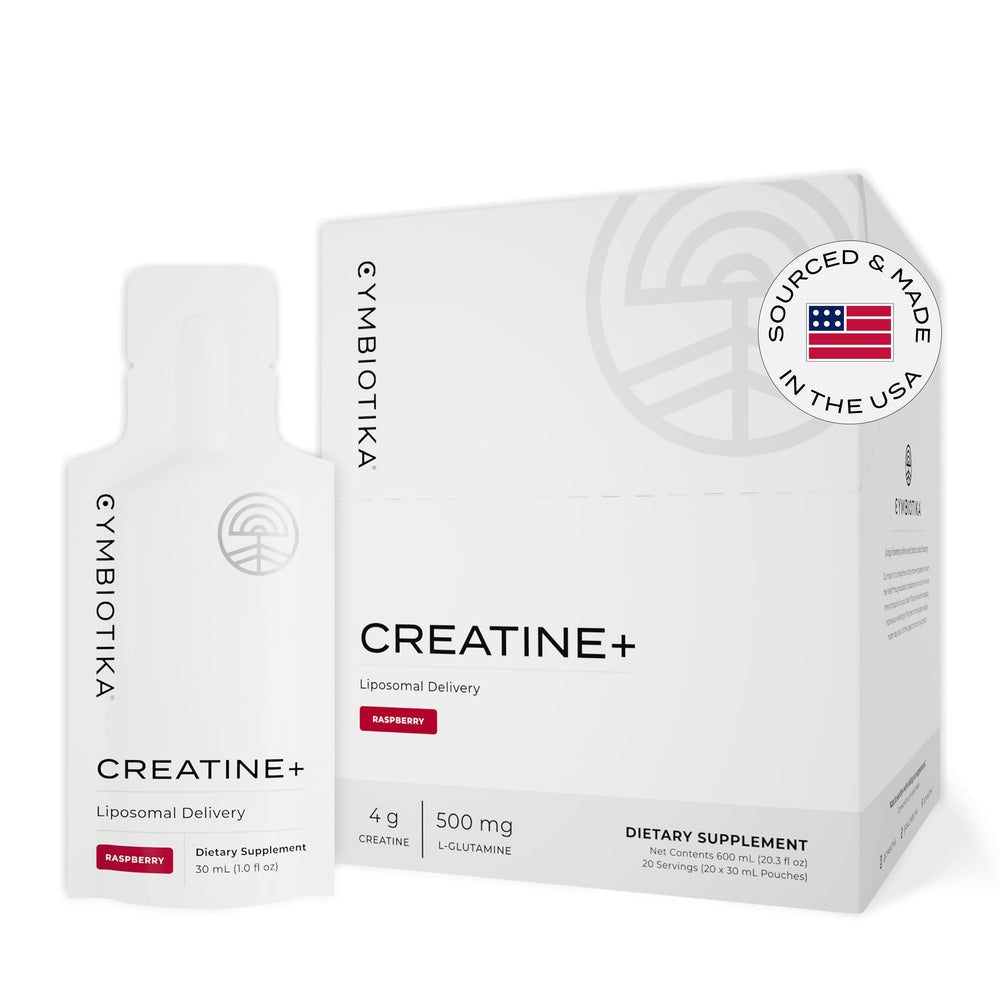 CYMBIOTIKA Creatine+ raspberry pouch ready for daily energy and recovery routines.