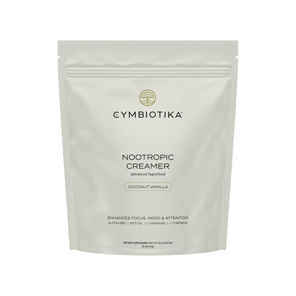 CYMBIOTIKA Nootropic Creamer bottle shown, vegan and keto-friendly for focused mornings.