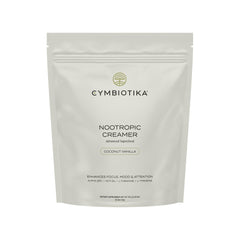 CYMBIOTIKA Nootropic Creamer bottle shown, vegan and keto-friendly for focused mornings.