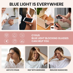 Laptop screen behind Cyxus blue light glasses.