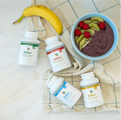 Deflect O capsules close-up; vegetarian formula for easy daily use.