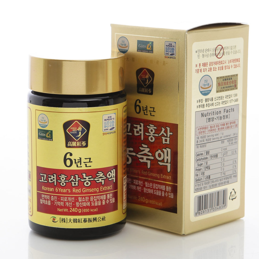 Daehan Red Ginseng 240g bottle on shelf highlighting premium extract
