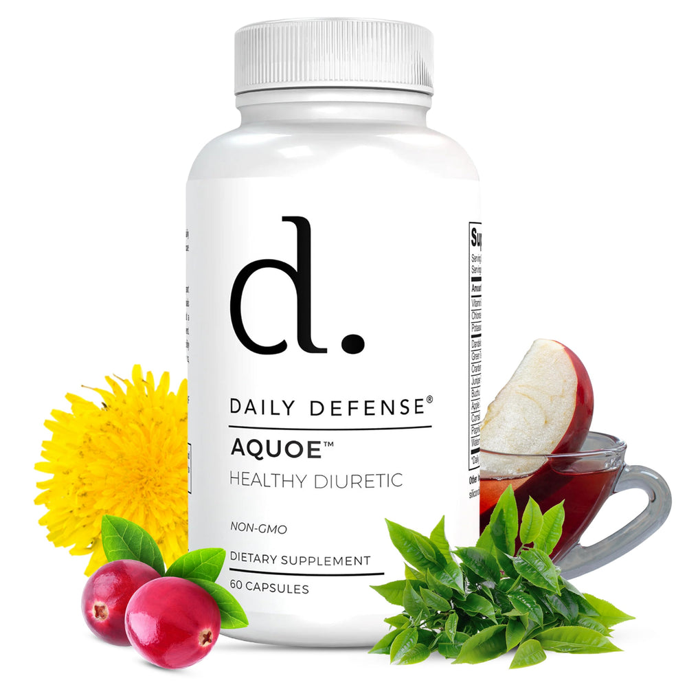 Daily Defense AQUOE Water Away bottle for easy daily use and fluid balance.