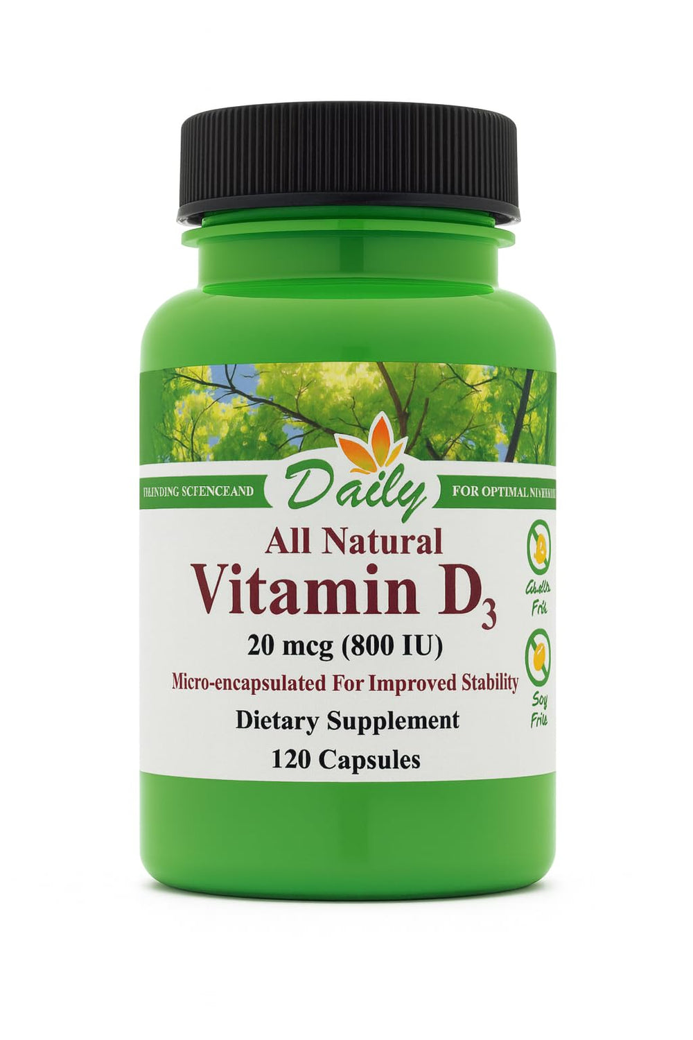 Daily Manufacturing Vitamin D3-800 bottle shows clear dosage information for easy dosing.
