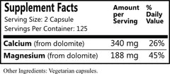 Close-up of Daily Manufacturing Dolomite label highlighting calcium 340 mg and magnesium 188 mg per serving.