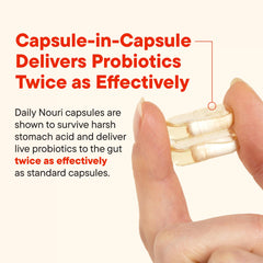 Close-up of capsule-in-capsule delivery design improving probiotic survival in the gut.