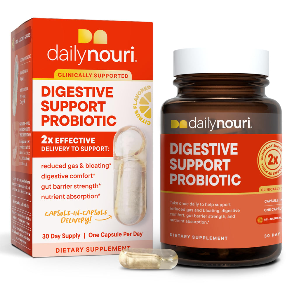 DAILYNOURI Digestive Support probiotic bottle front view for daily gut health support.