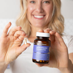 Daily Nouri Menopause Probiotic ingredients label with resveratrol, suggesting antioxidant support.
