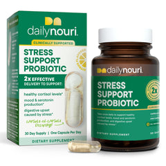 Daily Nouri Stress Probiotic bottle front for gut health and mood support