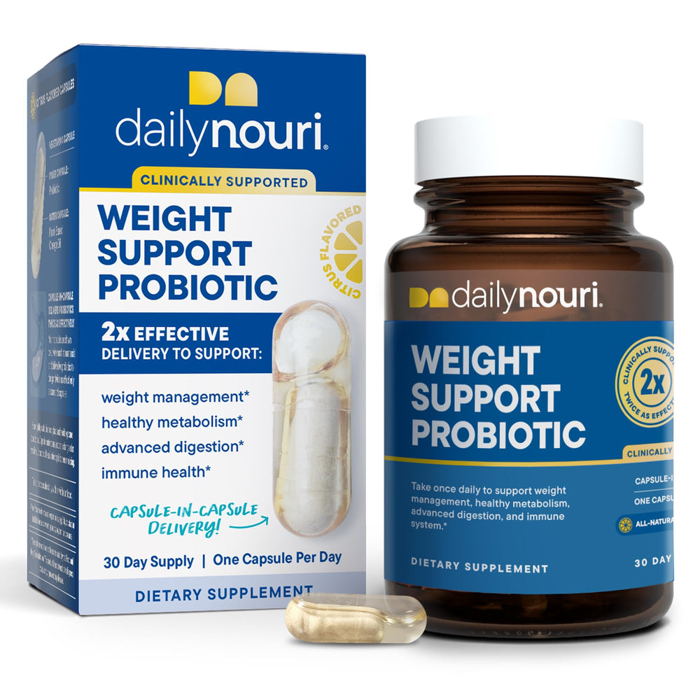 DAILYNOURI Weight Health bottle front shows a probiotic for metabolism support and gut balance.