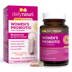 DAILYNOURI Women's Probiotic bottle front promoting vaginal and urinary health support.
