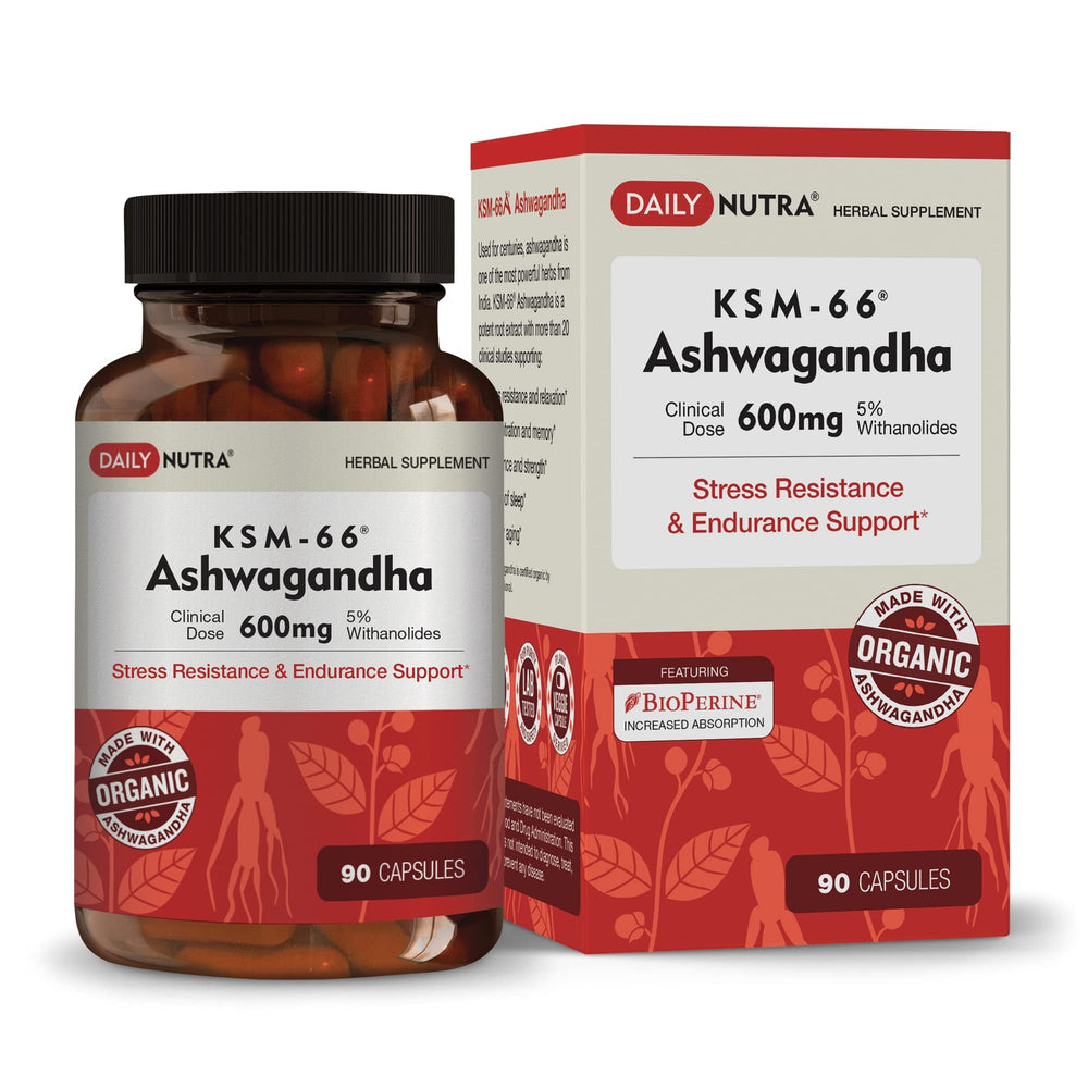 DailyNutra KSM-66 Ashwagandha bottle highlights organic extract for daily relaxation support.