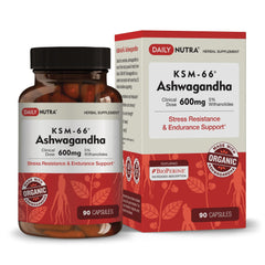 DailyNutra KSM-66 Ashwagandha bottle highlights organic extract for daily relaxation support.