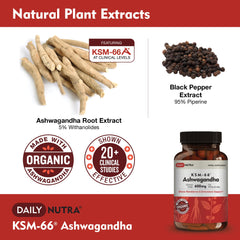 KSM-66 Ashwagandha label closeup emphasizes 5% withanolides for potency.
