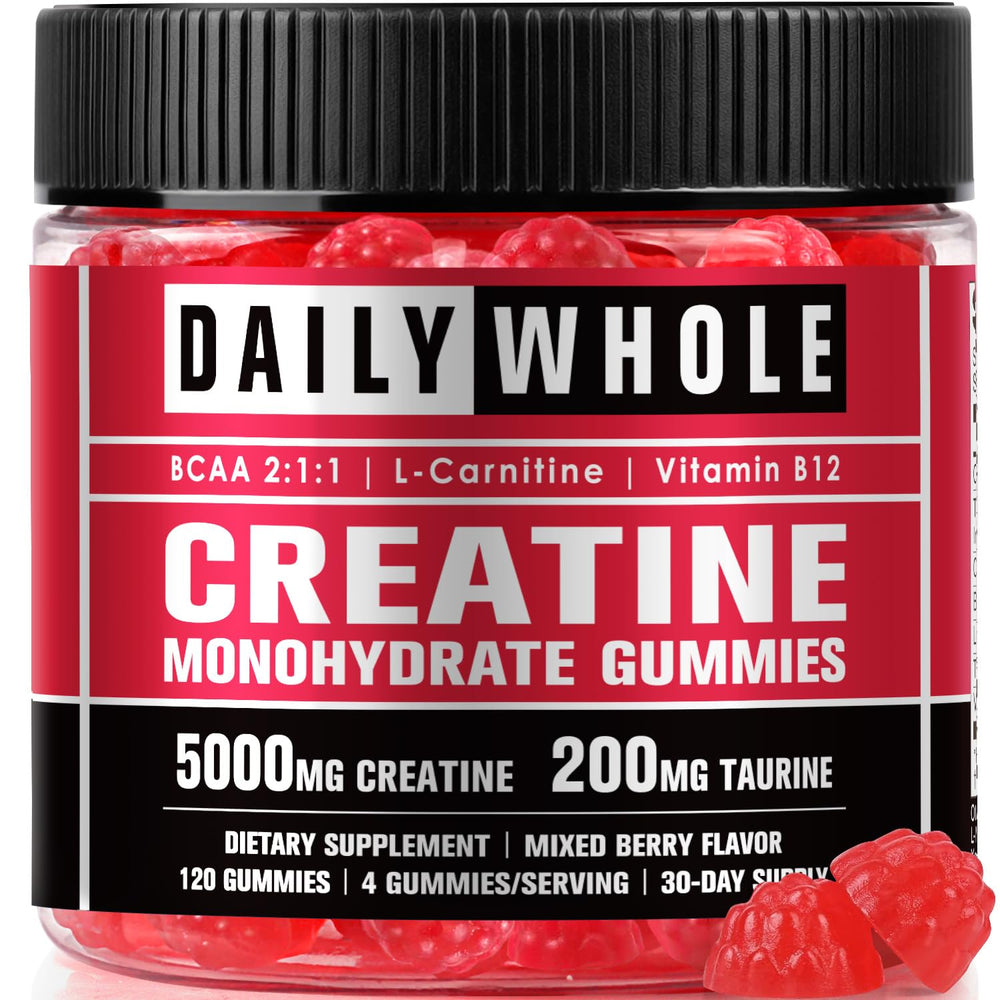 DailyWhole Organics 7-in-1 creatine gummies bottle, convenient daily supplement.
