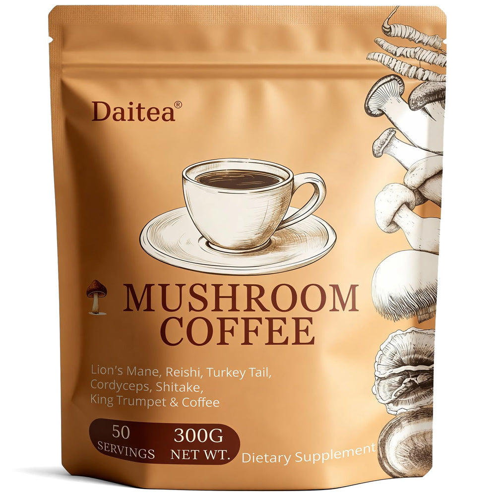 Daitea Mushroom Coffee bag shows a six-adaptogen blend for balanced daily energy.