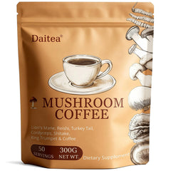 Daitea Mushroom Coffee bag shows a six-adaptogen blend for balanced daily energy.