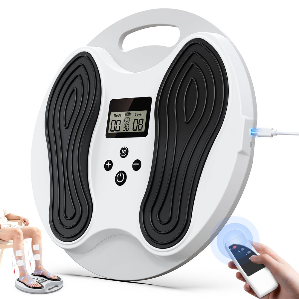 Dancespot EMS foot massager on feet for comfort and circulation.