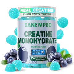 DANEW Pro creatine gummy blueberry bottle on shelf for convenient muscle support.