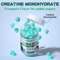 DANEW Pro creatine gummy blueberry ingredients panel highlights vegan and sugar-free formula.