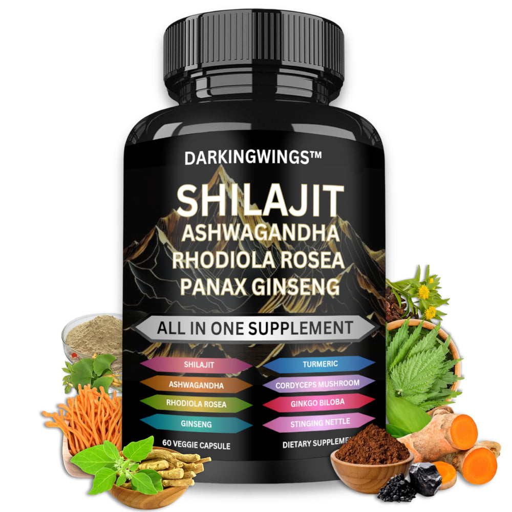 Darkingwings Shilajit 8en1 cápsulas para energía diaria y vitalidad sostenida.