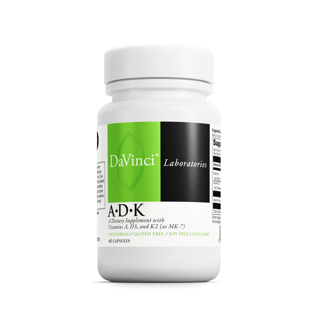 DaVinci ADK bottle front view, highlighting vitamins A, D3 and K2 for bone and immune support