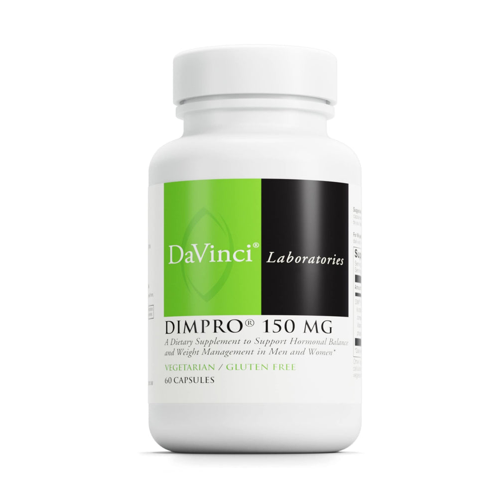 DAVINCI DIMPro 150mg bottle with capsules for hormonal balance support.