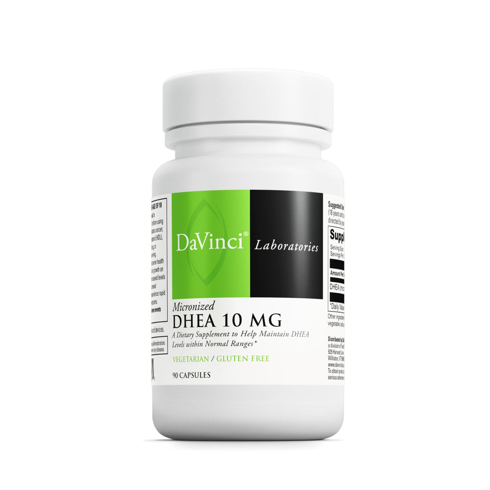 DAVINCI Labs DHEA 10mg capsules close-up highlighting micronized formula for absorption.