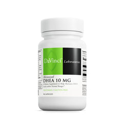 DAVINCI Labs DHEA 10mg capsules close-up highlighting micronized formula for absorption.