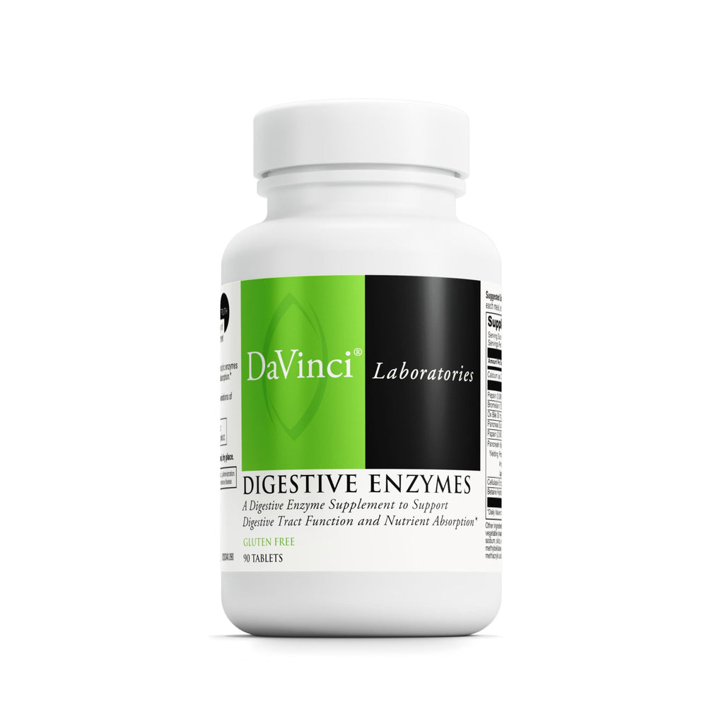 DAVINCI Labs Digestive Enzymes bottle highlights gluten-free formula to support digestion