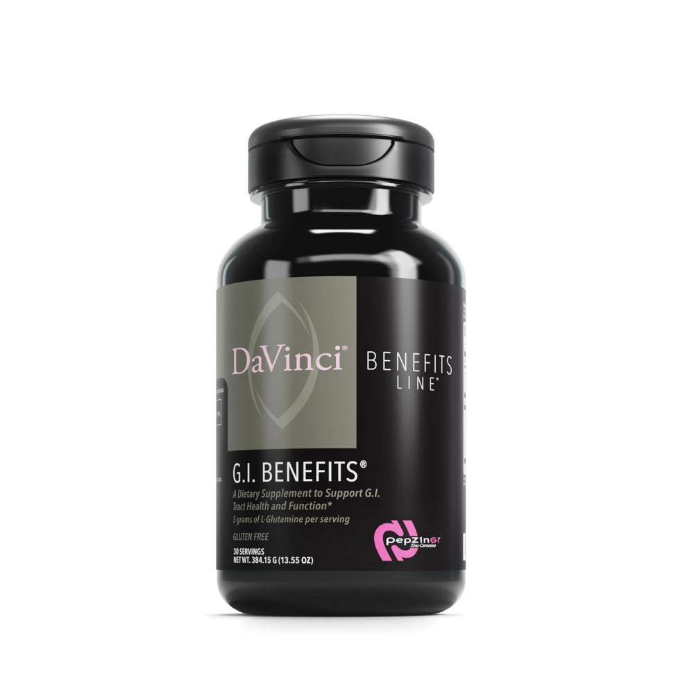 DAVINCI Labs GI Benefits powder tub view highlighting digestive health support.