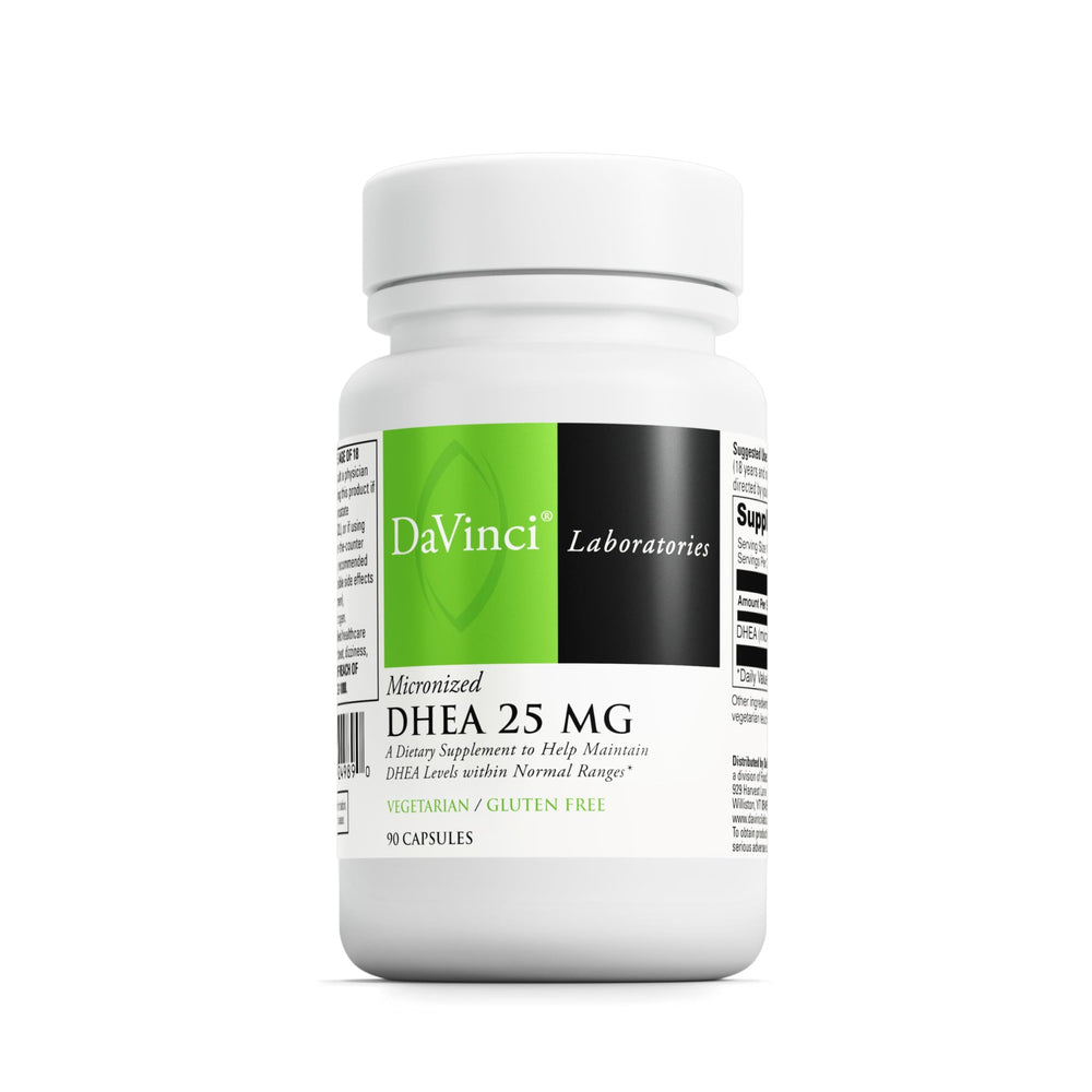 DAVINCI Labs DHEA bottle with micronized 25 mg for potential immune support.