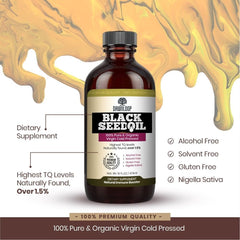 DAWNLOOP Black Seed Oil front label highlights purity and organic cold-pressed quality.