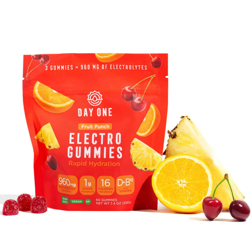 Day One Electrogummies fruit punch bottle for on-the-go hydration during workouts
