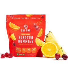 Day One Electrogummies fruit punch bottle for on-the-go hydration during workouts