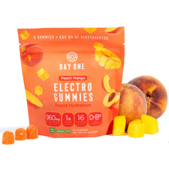 Day One Electrogummies peach mango bottle front view for on-the-go hydration.