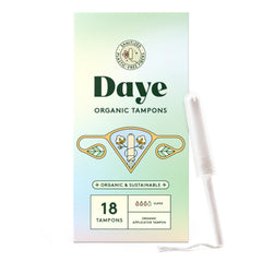 Daye Organic Tampons Super tampon out of pack ready for use on heavy days.