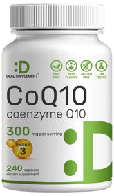 Deal Supplement CoQ10 Omega 3 bottle front, suggesting heart and energy support.