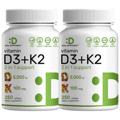 Deal Supplement D3K2 bottle-front shows a 2 in 1 formula for bone and immune support.
