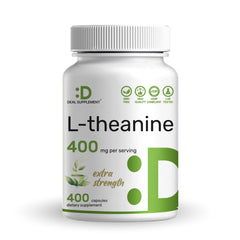Deal Supplement L-Theanine 400mg bottle front promotes calm focus for daily use.