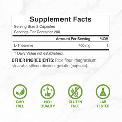 Deal Supplement L-Theanine capsules closeup showing 400mg per serving for focused support.